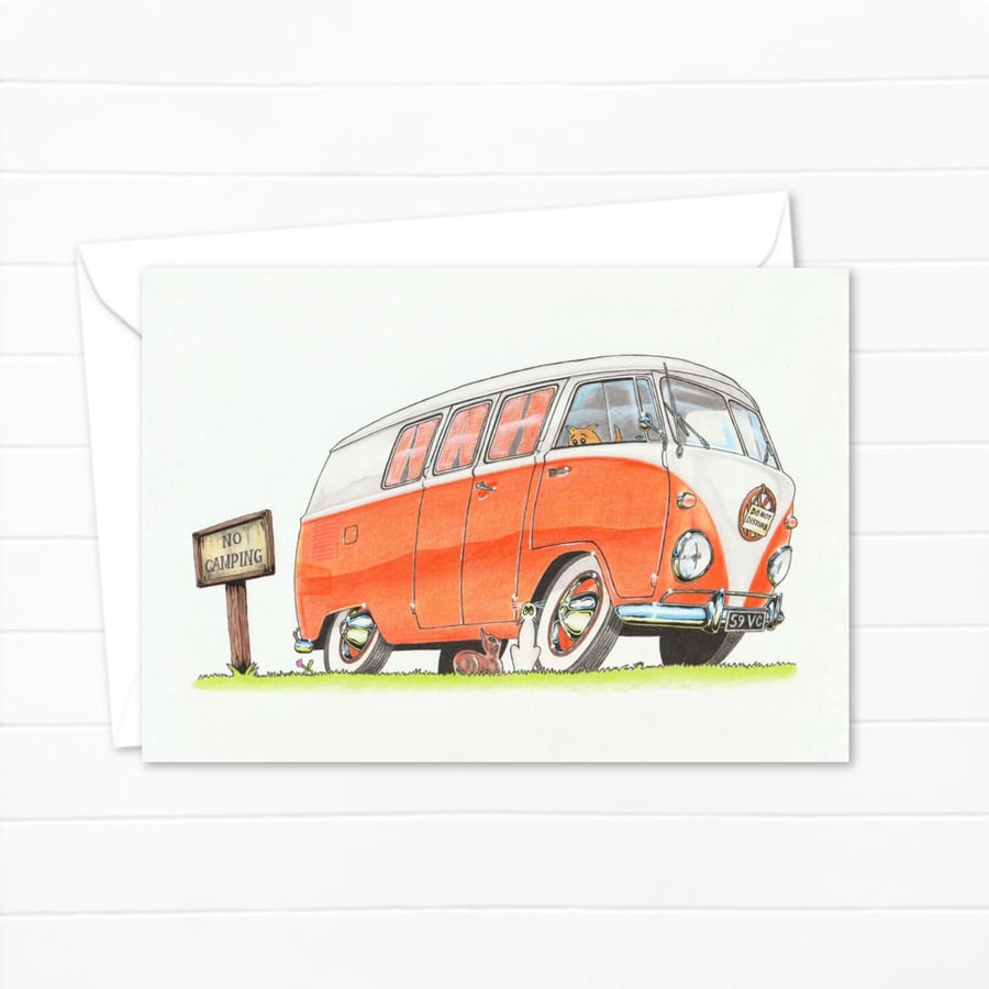 Camper Van Greeting Card: Camp Site Pencil Illustration - Blank Inside (325) 