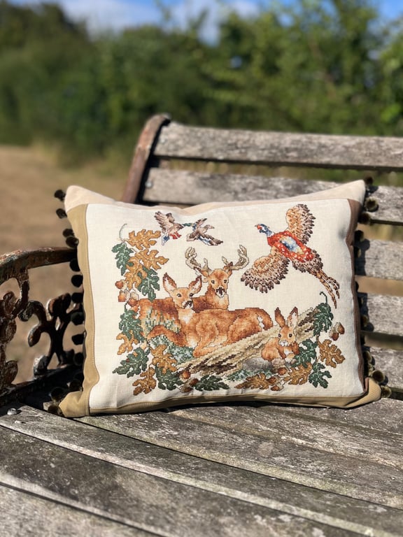 Countryside animals rescued cross stitch cushion cover with pompoms