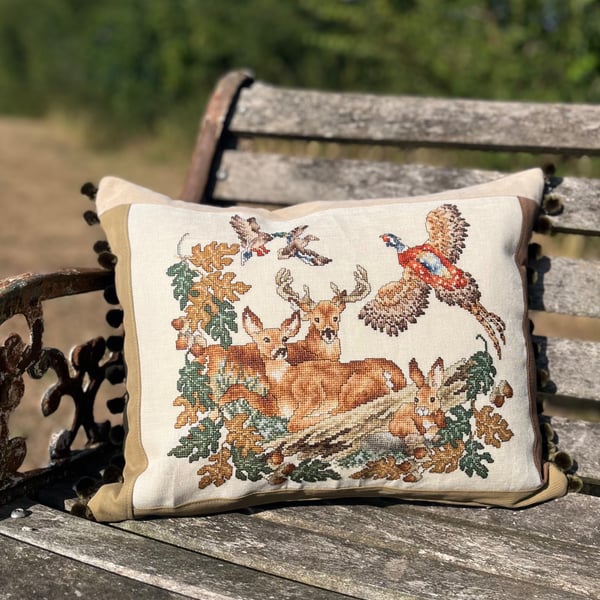 Countryside animals rescued cross stitch cushion cover with pompoms