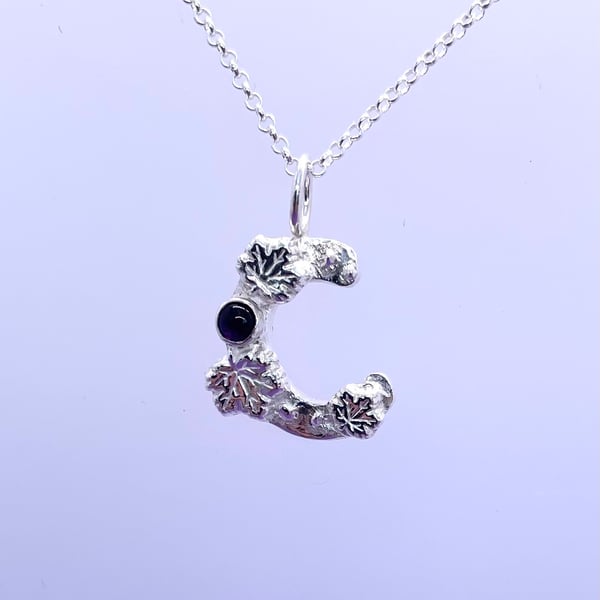 Chunky silver letter C charm with amethyst 