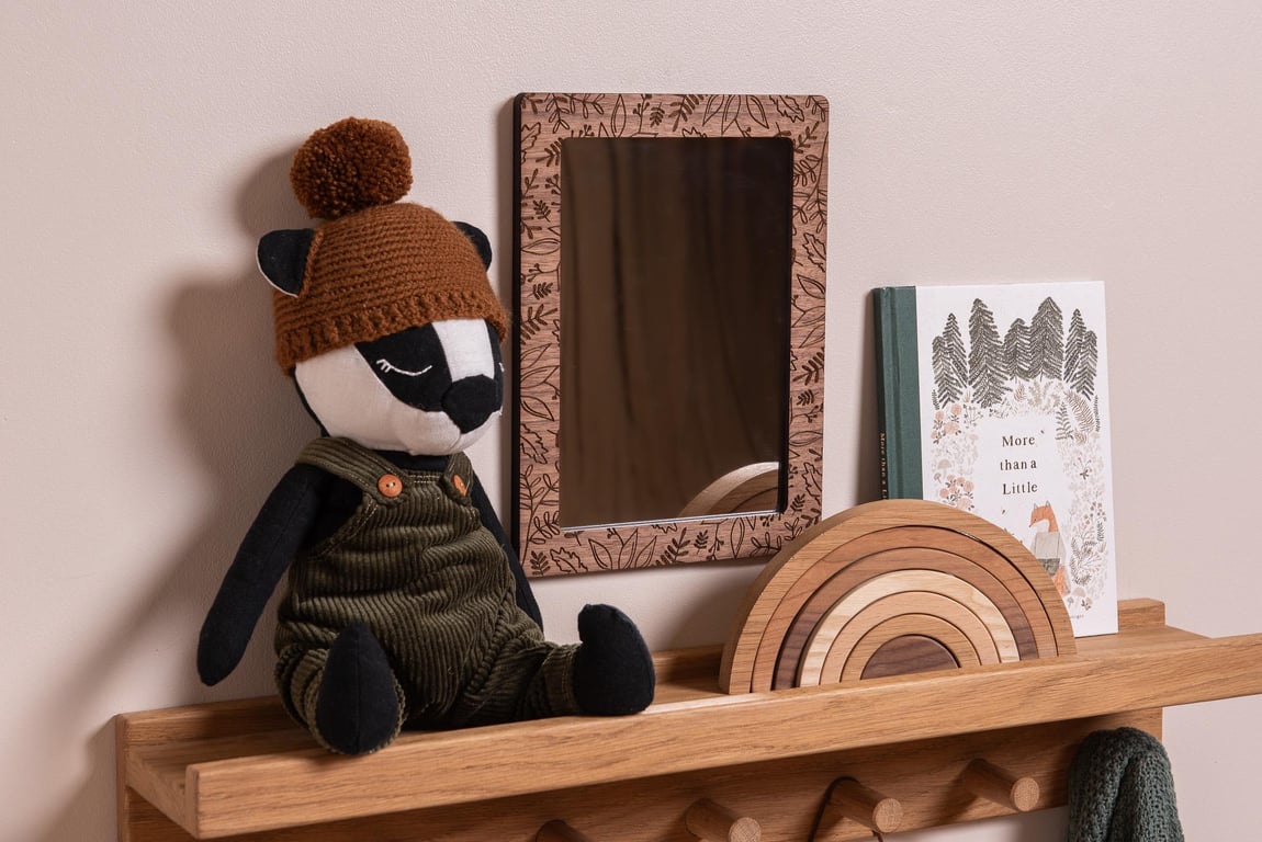 Woodland Leaf Engraved Mirror in Walnut. Kid's Safety (Acrylic) Mirror.