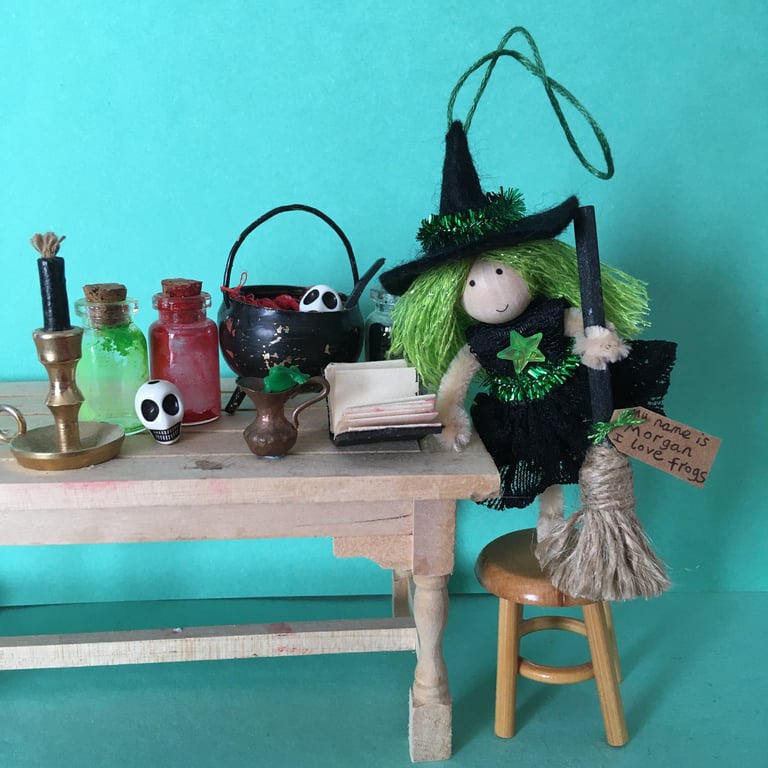 Bright Green Witch Doll Hanging Decoration, Witchy Gifts, Halloween Decoration