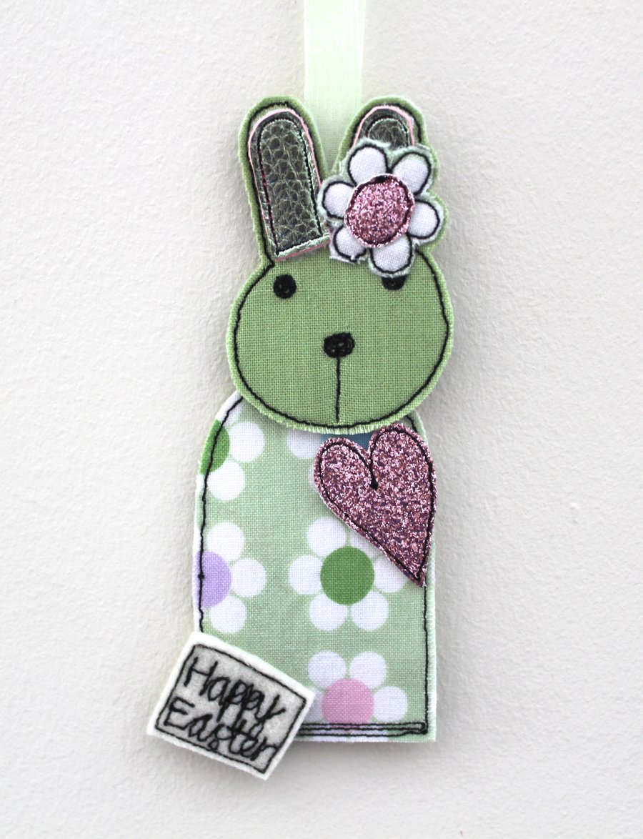 Flower Fabric Bunny with a Pink Heart - Hanging Decoration