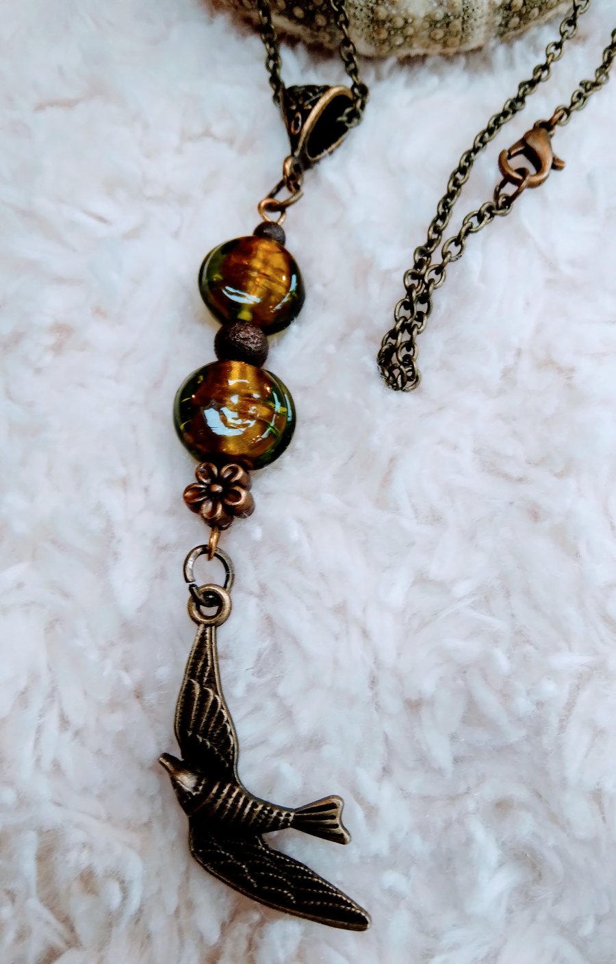 Hand-made foiled glass and bronze beaded SWIFT charm pendant necklace