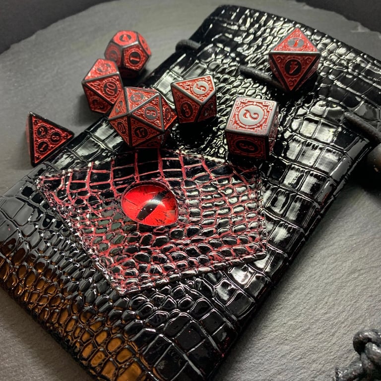Red And Black 7 Polyhedral Dice Set And Hand Painted Dragon Eye Patent Pouch