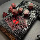 Red And Black 7 Polyhedral Dice Set And Hand Painted Dragon Eye Patent Pouch