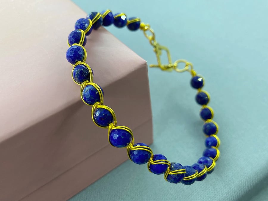 Elegant Dainty Sparkly Lapis Lazuli Gold Filled Wire Work Bracelet Bangle