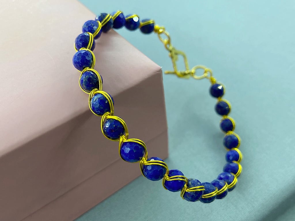 Elegant Dainty Sparkly Lapis Lazuli Gold Filled Wire Work Bracelet Bangle