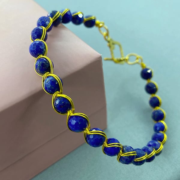 Elegant Dainty Sparkly Lapis Lazuli Gold Filled Wire Work Bracelet Bangle