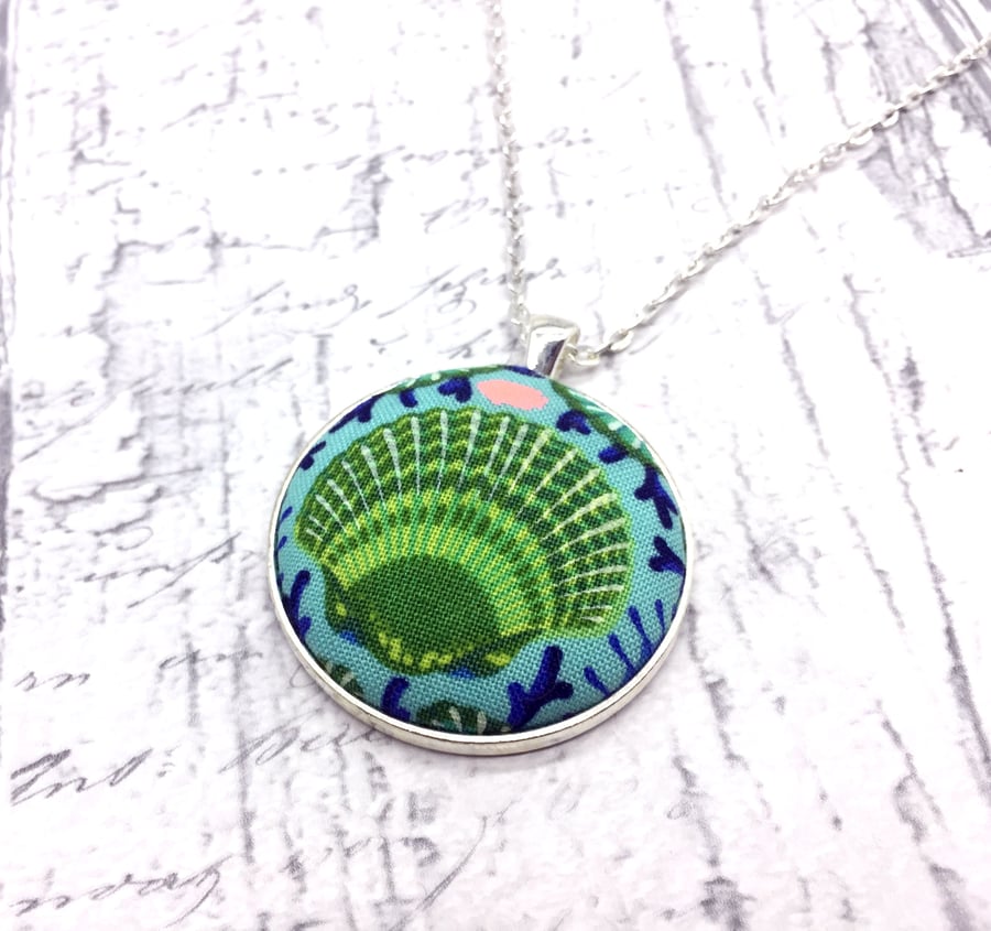 Green Seashell blue coral fabric button pendant underwater seashore inspired