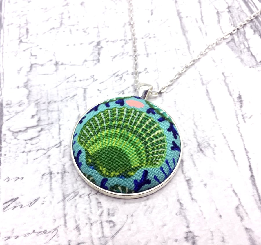 Green Seashell blue coral fabric button pendant... - Folksy