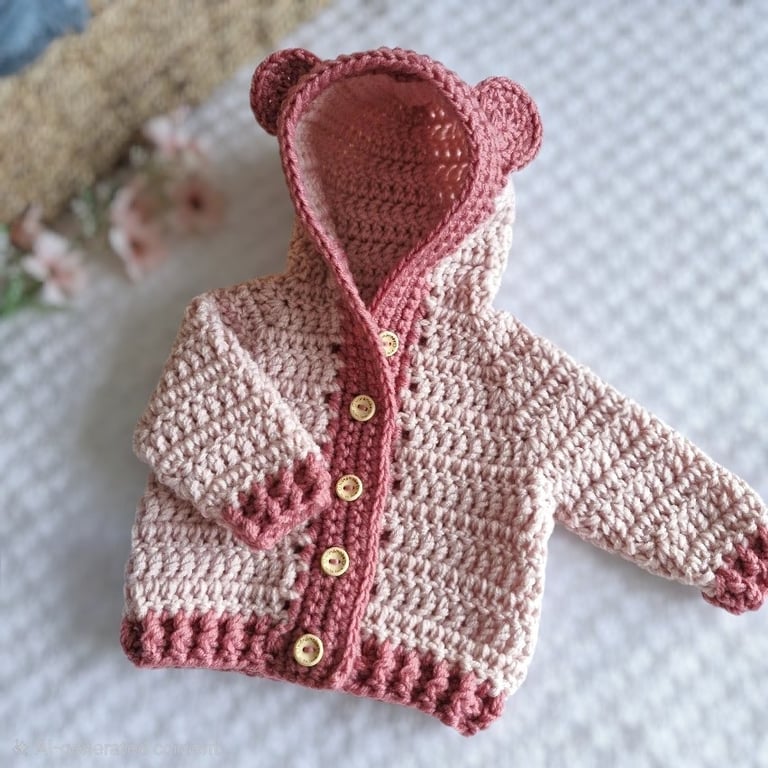 Crochet Teddy Bear Baby Cardigan with Hood – New Baby Gift