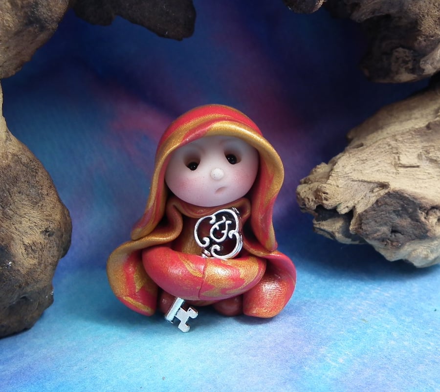 Tiny Keykeeper Gnome 'Laina' with Vault Key 1.5" OOAK Sculpt by Ann Galvin