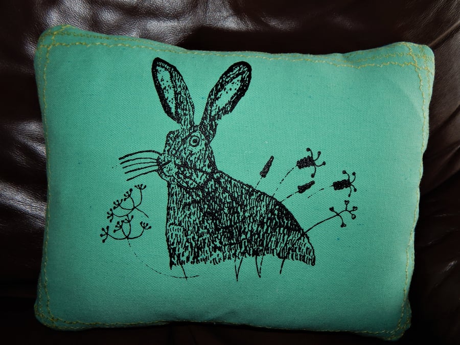 Cotton Canvas mint green - Hare and grass - Screen printed cushion. 33cm x 26cm