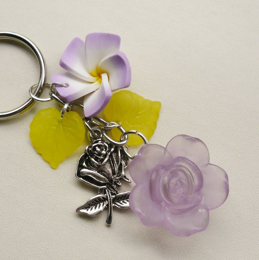 Keyring Lilac and Yellow Tibetan Silver Rose Themed KCJ1450