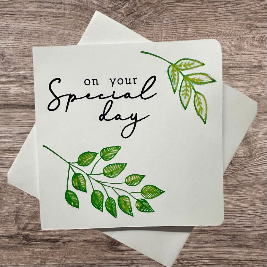 Blank card on your special day, hand printed, shimmery leaves, sparkle. 