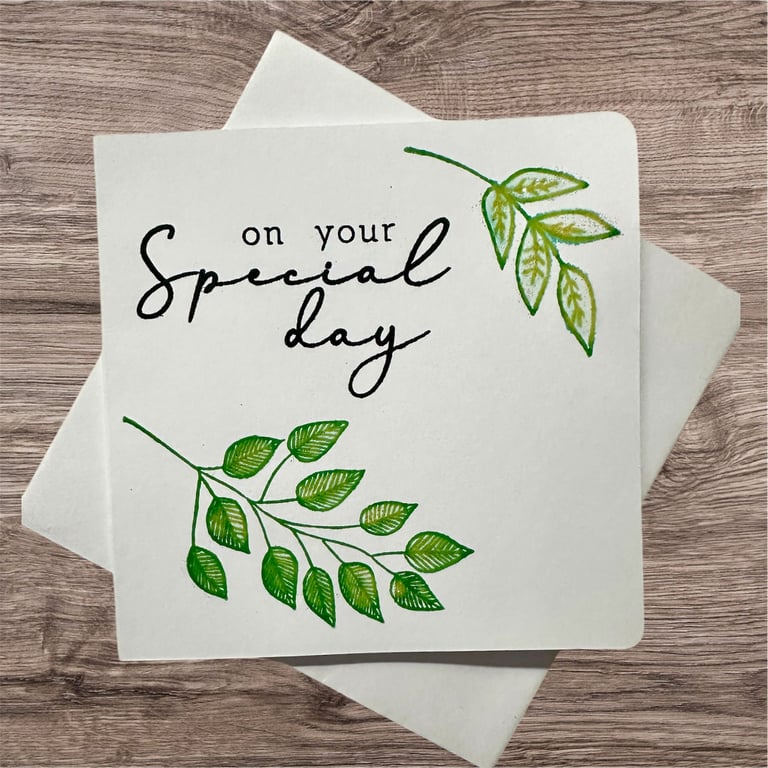 Blank card on your special day, hand printed, shimmery leaves, sparkle. 