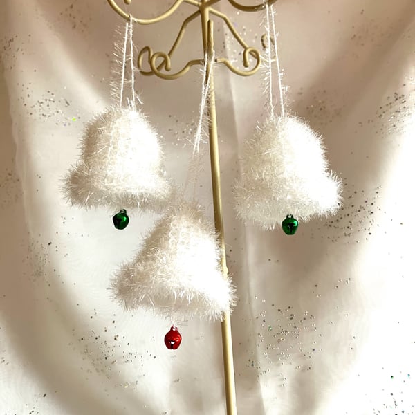 3 festive hand knitted bells