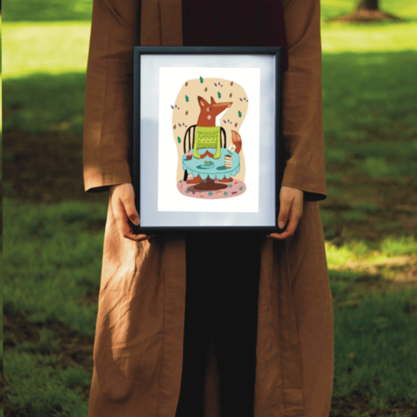 Children’s Nursery Room Artwork Fox On a Mushroom A5 Sized Art Print Only Autumn