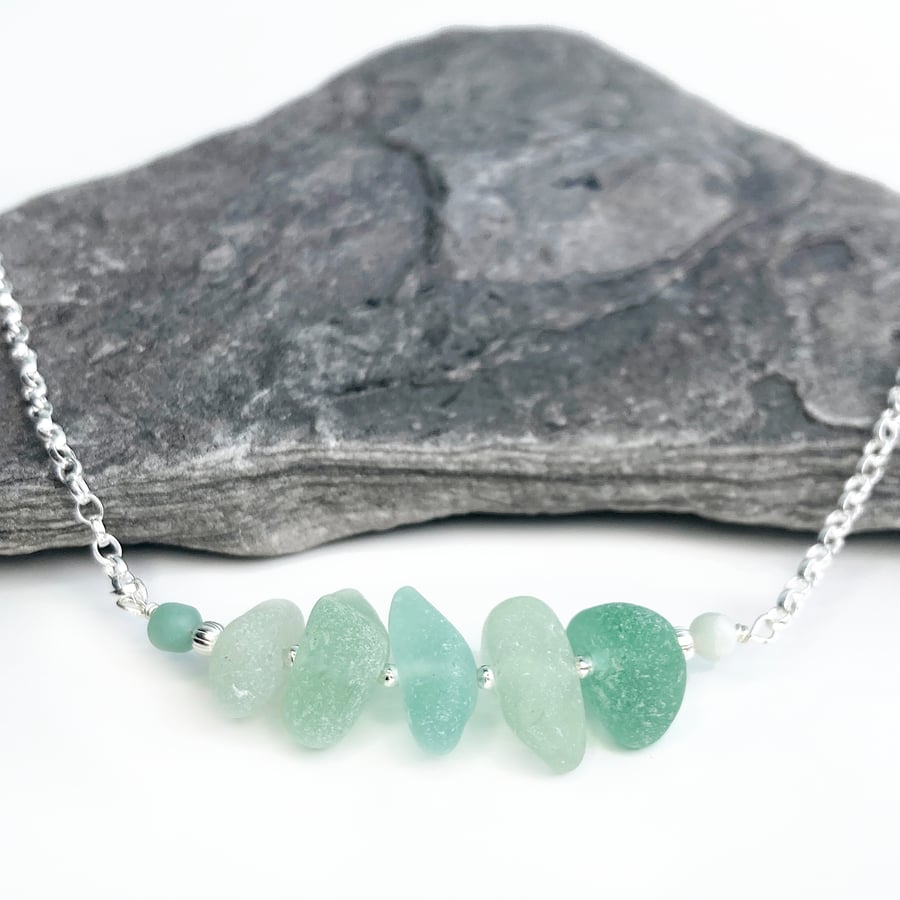 Sea Glass Pendant - Aqua Green & Amazonite Crystal Sterling Silver Necklace