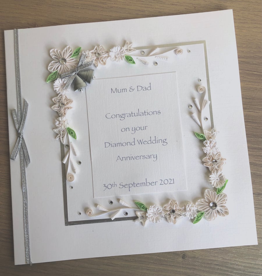 Quilled handmade diamond 60th wedding anniversary card, personalised