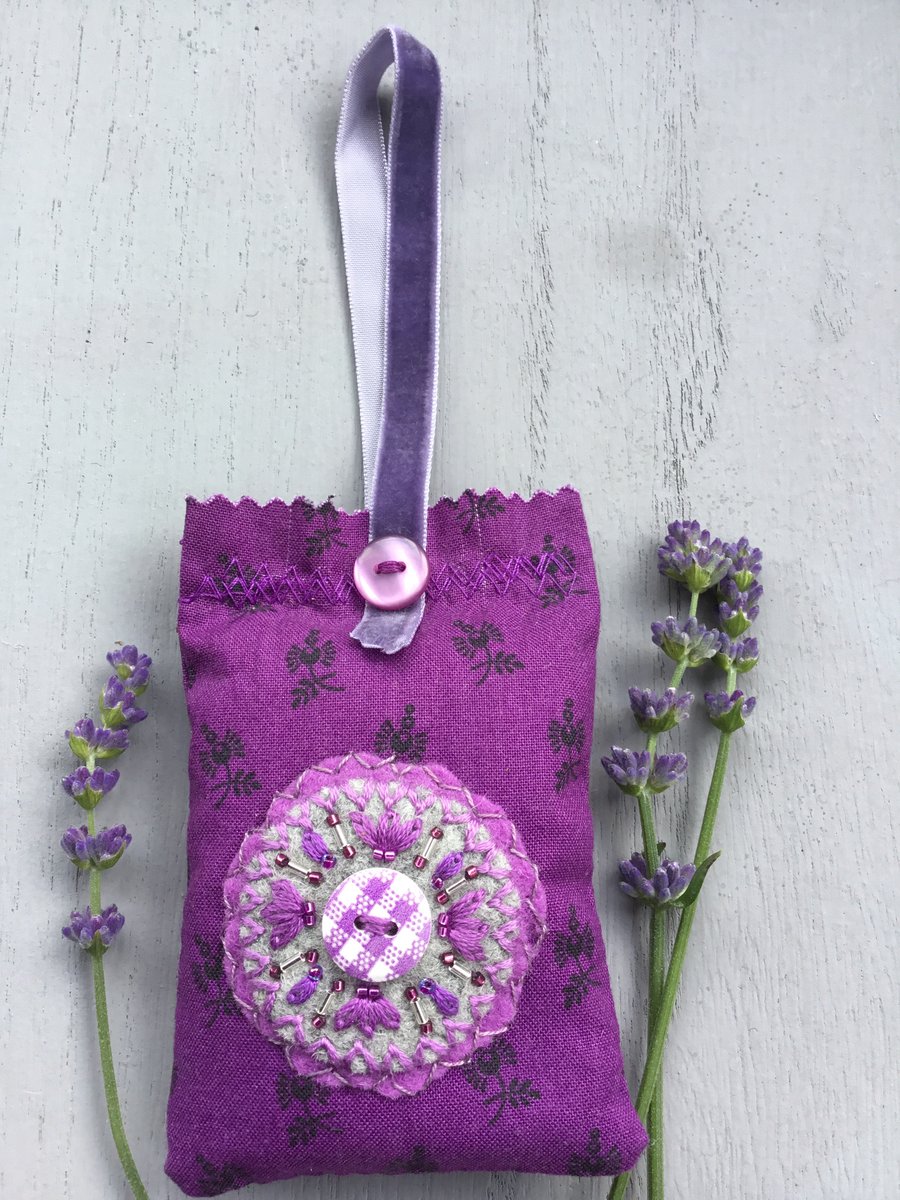Hand Embroidered Chequered Lavender Bag