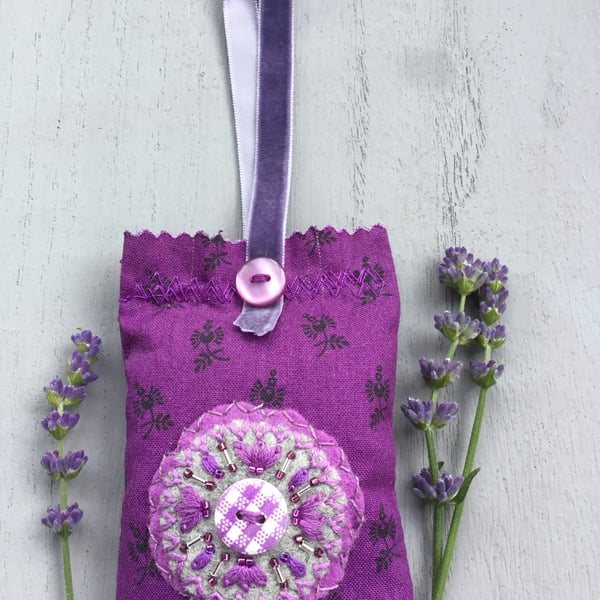 Hand Embroidered Chequered Lavender Bag