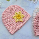 Crochet Newborn Baby Hat with Daffodil in Soft Peach - CLEARANCE