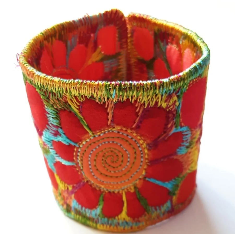 Cuff - Fabric Bracelet with Free Machine Embroidery 