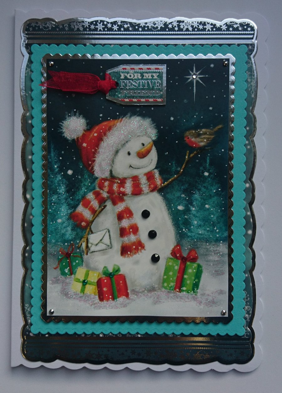 Christmas Card My Festive Friend Snowman Robin With Presents