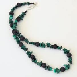 Sterling Silver and Malachite Necklace with Black Lava Rock