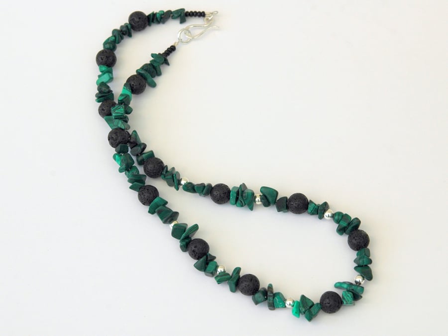 Sterling Silver and Malachite Necklace with Black Lava Rock