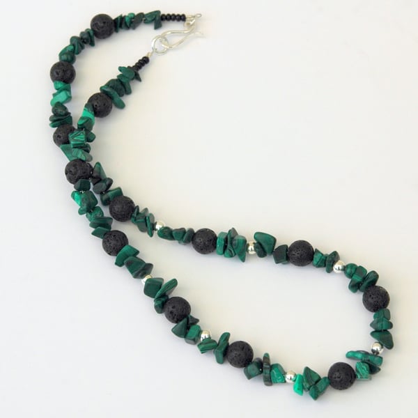 Sterling Silver and Malachite Necklace with Black Lava Rock