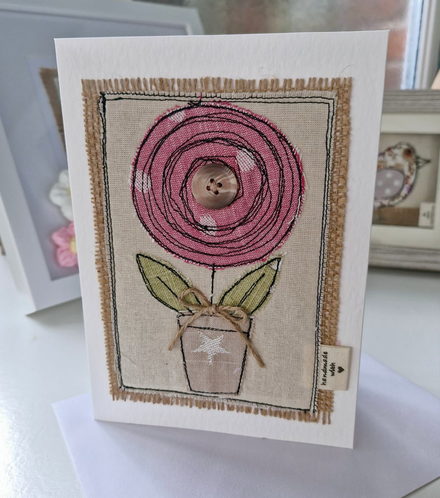 Flower in a Pot Easter Holidays Birthday Card Free Motion Embroidery Textile Art