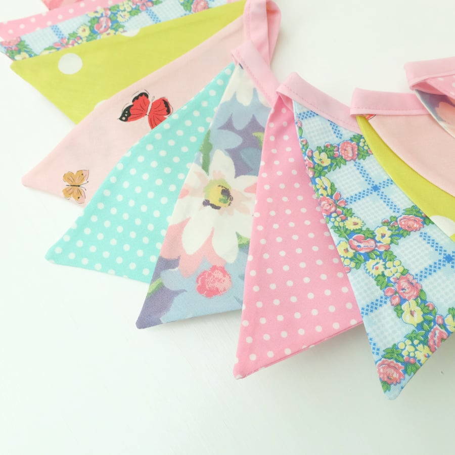 Pretty Fabric Bunting in Butterfly, Florals and Spots, 16 Flags Long