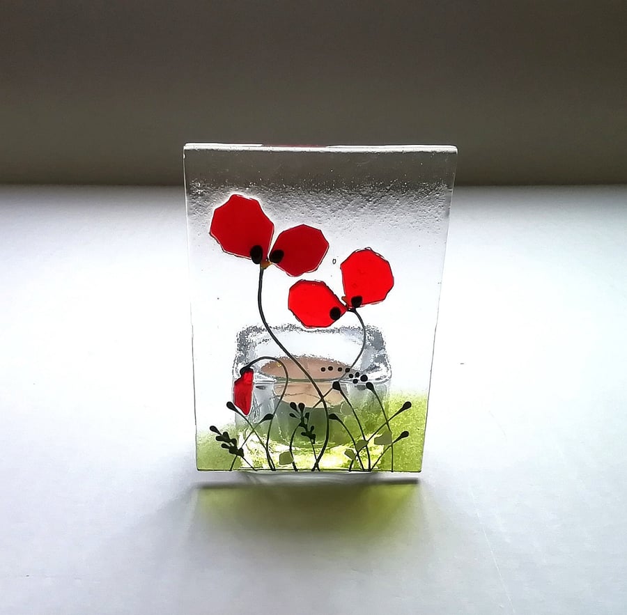 Fused Glass Poppy Tealight Holder: Red Floral Candle Decor