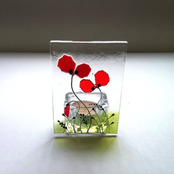 Fused Glass Poppy Tealight Holder: Red Floral Candle Decor
