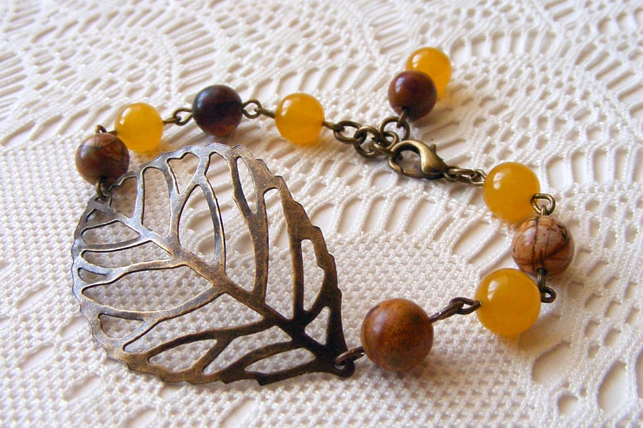 Beaded Bracelet with Yellow Topaz, Picasso Jasper and Leaf Detail
