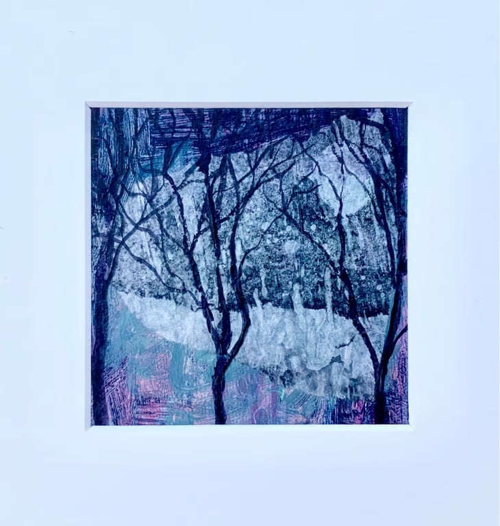 The Cold Moon, mounted original mixed media painting