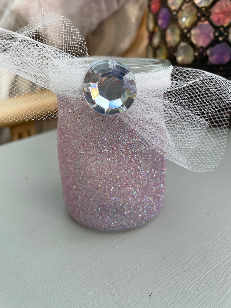 Glitter decorated glass jar tealight holder
