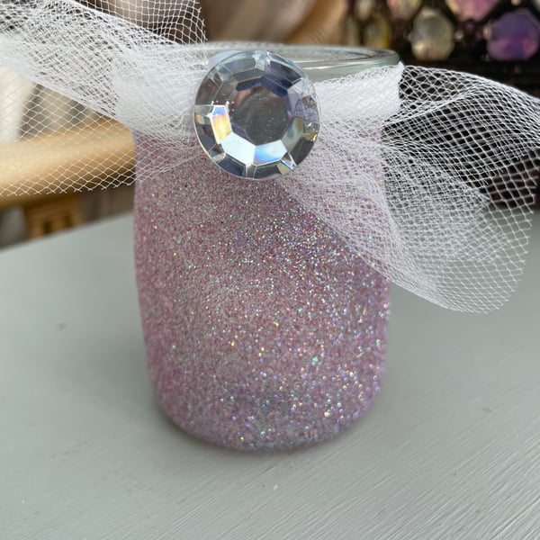 Glitter decorated glass jar tealight holder