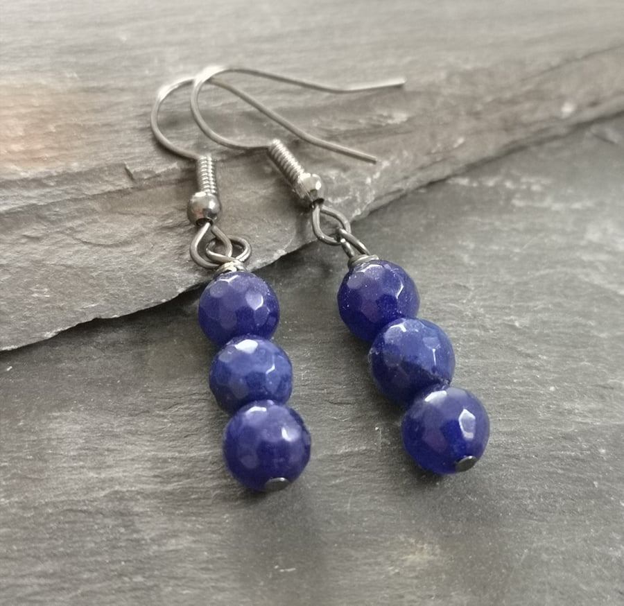 Navy blue faceted agate semi precious gemstone earrings with gunmetal ear wires