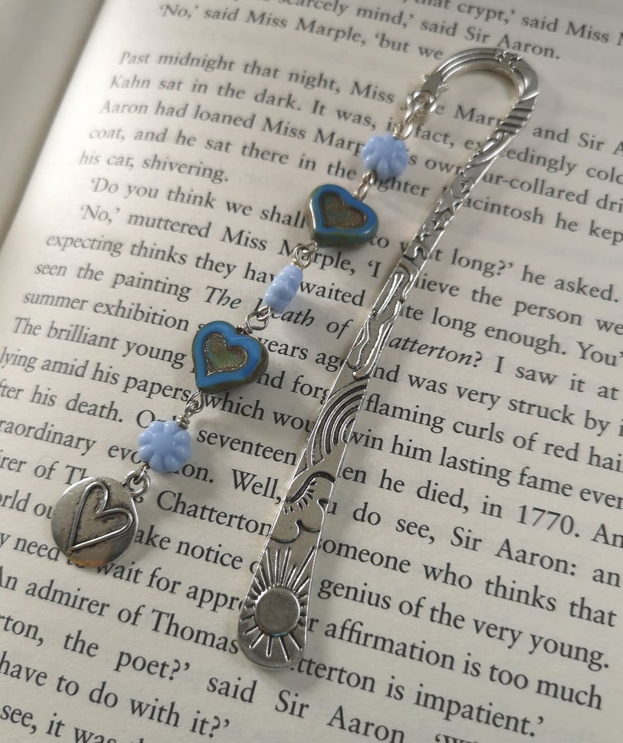 Bookmark with heart charm and blue beads