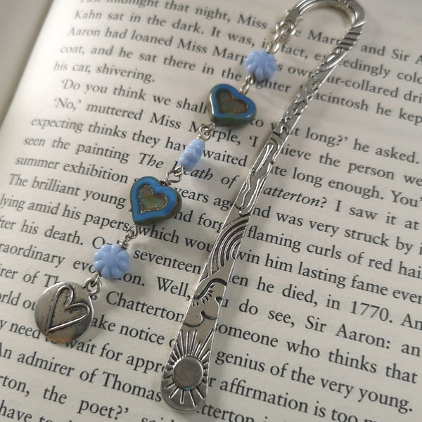 Bookmark with heart charm and blue beads