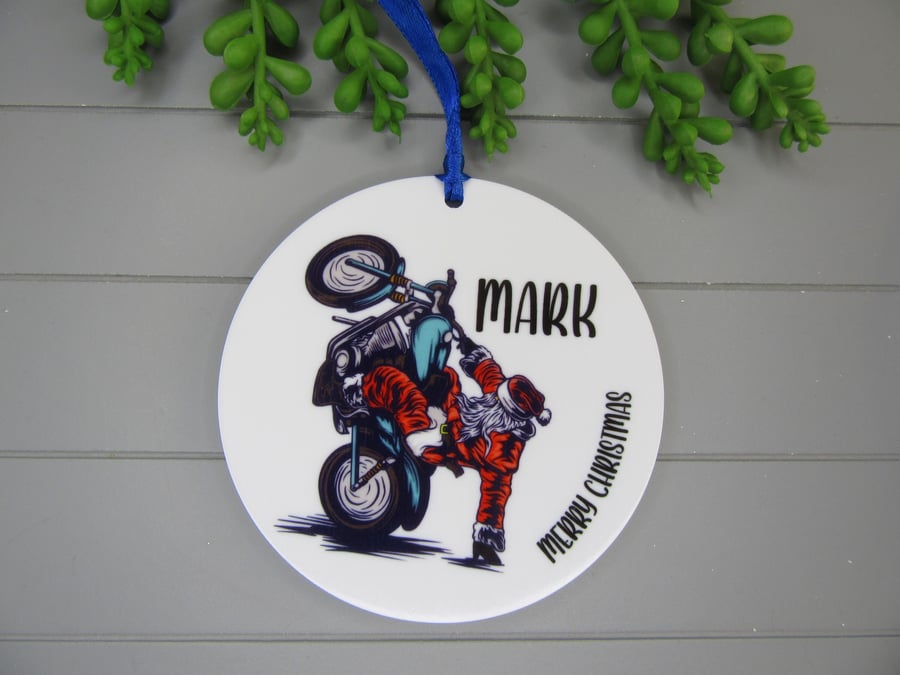 Personalised Christmas Bauble Keepsake, Santa Biker, Gift for Him. Motorbike