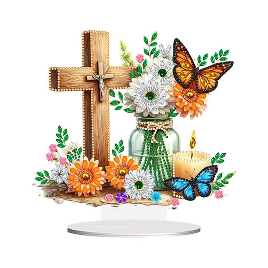 Floral Butterfly Cross, Diamond Painting Kit, Acrylic Table Top, 5D DIY Rhinesto