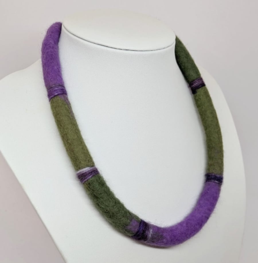 Felted cord necklace - shades of greens and purple