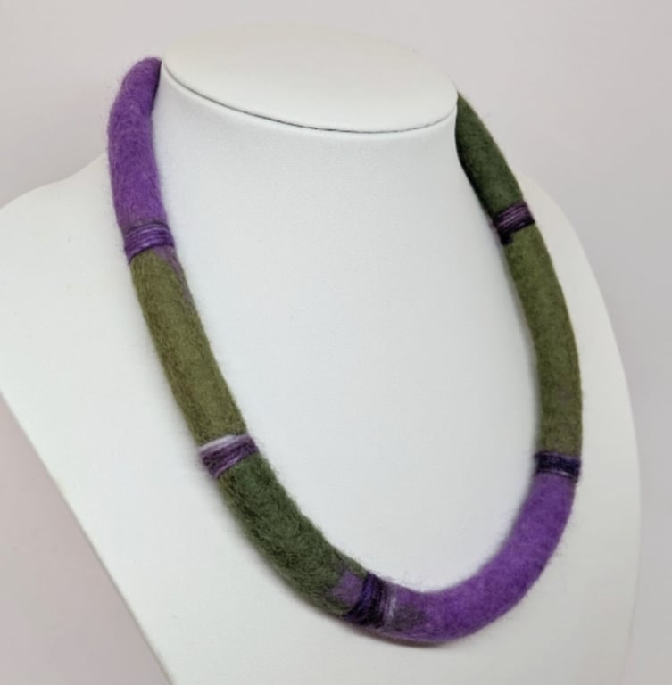 Felted cord necklace - shades of greens and purple