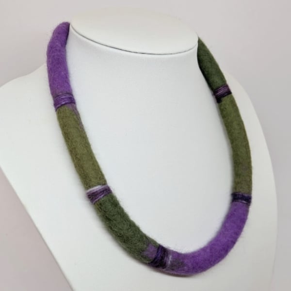 Felted cord necklace - shades of greens and purple