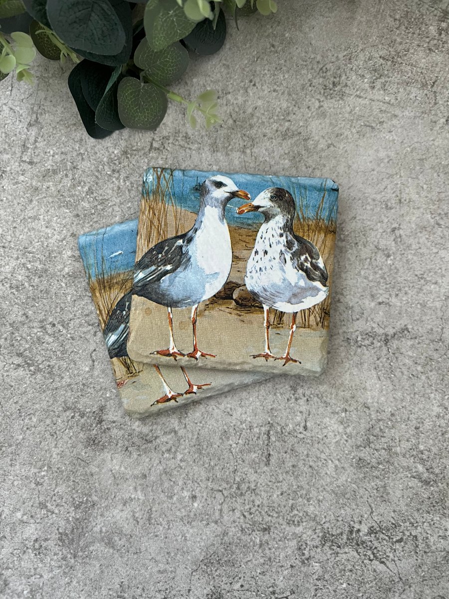 Slate Coasters Set of 2 - Decoupage Seagulls, Coastal, Upcycled